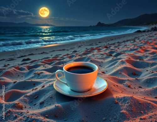 White Coffee Cup on Sandy Beach at Night under Full Moon