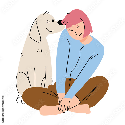 Dog playing with women vector design on white background illustration for cliparts, sticker, print, pet shop.