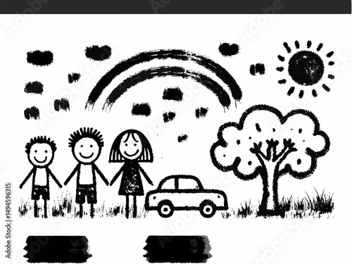 Family cartoon illustration in nature, traveling by car on a sunny road with trees and clouds