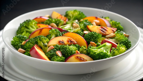 Broccoli salad Broccoli salad with grilled peach slices and nuts served in white bowl for fresh healthy meal