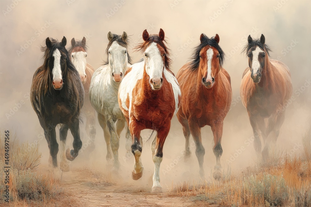 Obraz premium Majestic Horses Galloping Through Dusty Landscape, Capturing Freedom and Strength in Nature's Warm Light