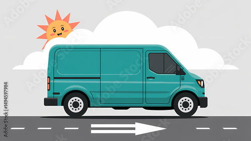 Flat design illustration of a bright teal hybrid delivery van with white tires on a gray road featuring a directional arrow and a friendly sun peeking from behind a cloud