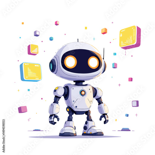 Vsai cute robot analyzing data with futuristic interface, artificial intelligence and machine learning