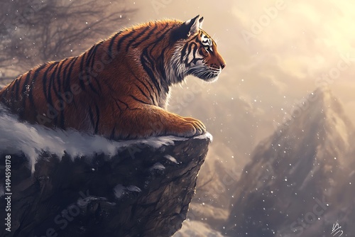 A tiger rests upon a snow covered rock with mountains and snowfall in the background artwork