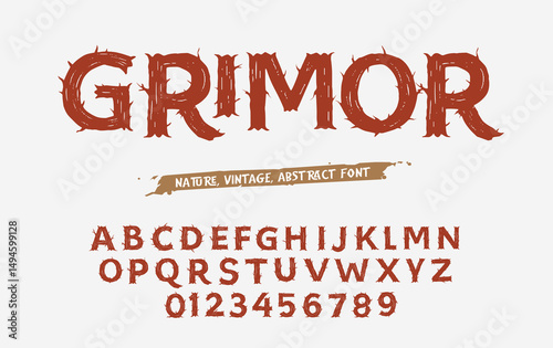Antique wood Font for forest posters. Decorative ancient alphabet. Vintage typeface. nature style alphabet