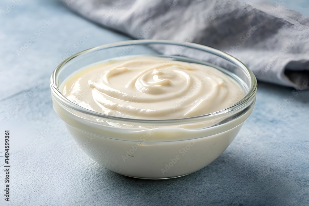 Creamy Yogurt in Glass Bowl on Soft Gray Background – Fresh Dairy Close-Up Creamy Yogurt in Glass Bowl on Soft Gray Background – Fresh Dairy Close-Up