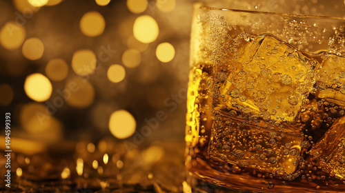A close-up of a whiskey glass with ice cubes and condensation on a glass placed on a wooden table