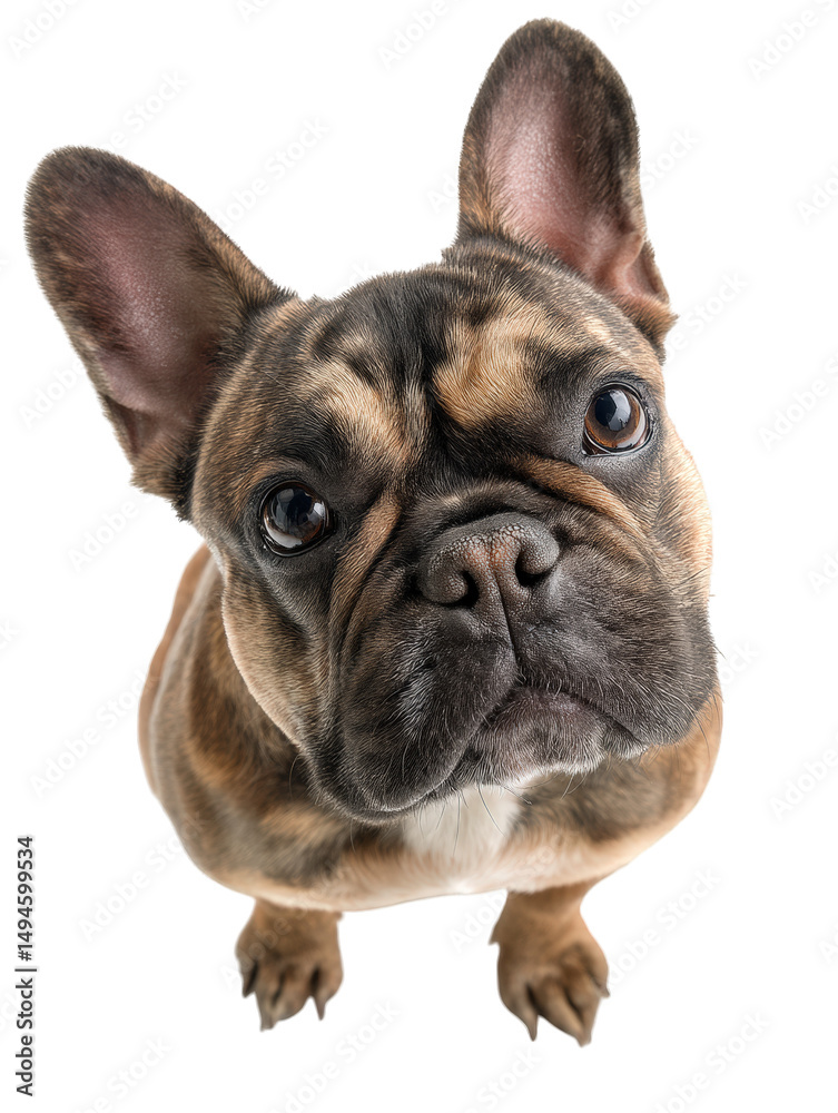 Obraz premium French Bulldog with silly and funny expression looks directly camera, showcasing its adorable features and playful personality. This charming pet captures attention with its big, expressive eyes