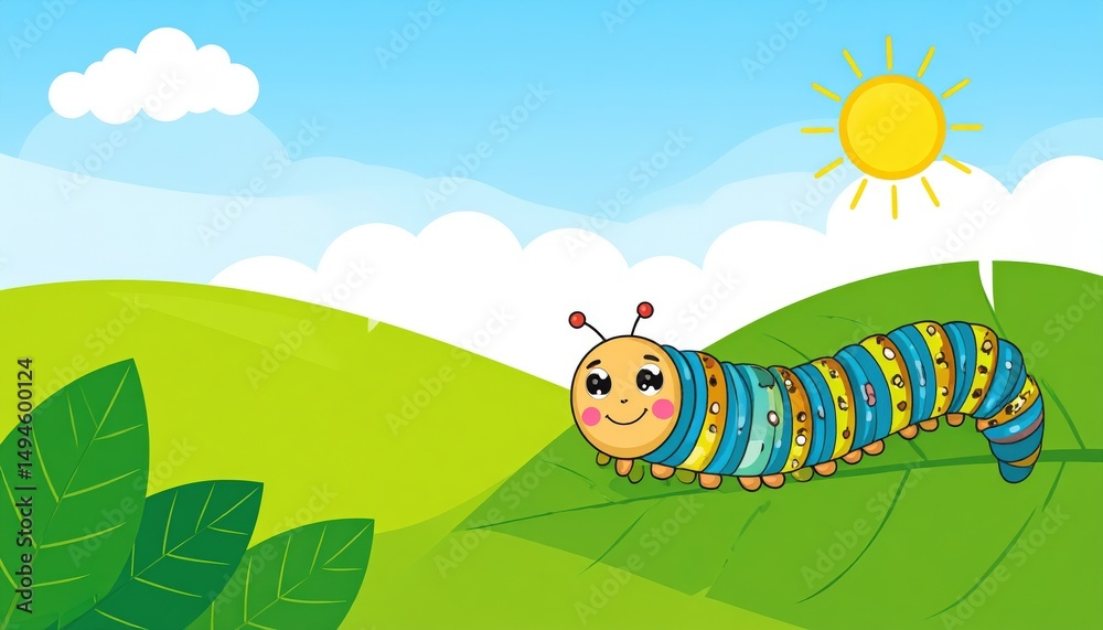Obraz premium Colorful caterpillar on a leaf in a lush landscape.