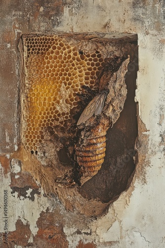 Decaying honeycomb fragment embedded in aged wall, featuring a desiccated insect pupa