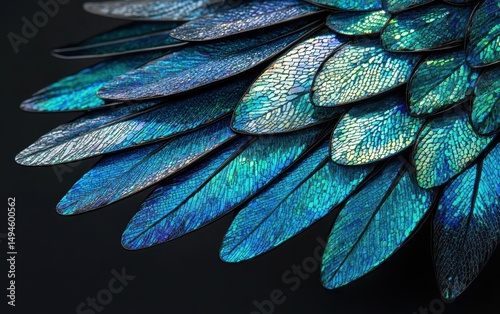 Iridescent teal and blue feathers arranged in overlapping rows, showcasing intricate textures and shimmering details against a dark background