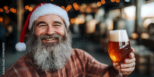 Man in Santa hat holding a beer photo