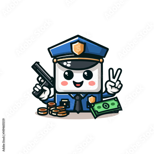 Mascot Police Character Vector Illustration Featuring Cute Cartoon Officer Hero with Badge Uniform and Cap Confident Smiling Pose for Community Security Guard Lawman Protector Patrol Avatar Artwork