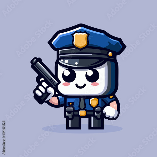 Friendly Mascot Police Character Cartoon Vector Illustration of Patrol Officer with Uniform Cap and Badge Isolated Editable Icon Design for Community Security Guard Hero Protector Artwork Job
