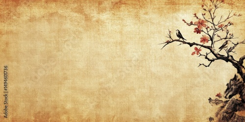 Aged parchment background with a stylized ink painting of a blossoming tree and perched birds, evoking serenity and Asian aesthetics