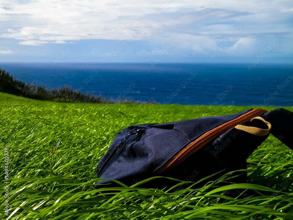 Backpack on meadow. Sao Miguel Island. Azores.