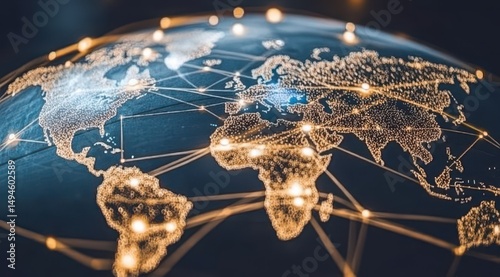 Illuminated globe depicting global interconnectedness via glowing nodes and lines representing a network across continents