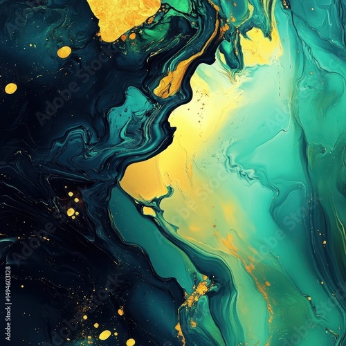 Abstract fluid art in teal, green, and gold, swirling and blending with speckled gold accents