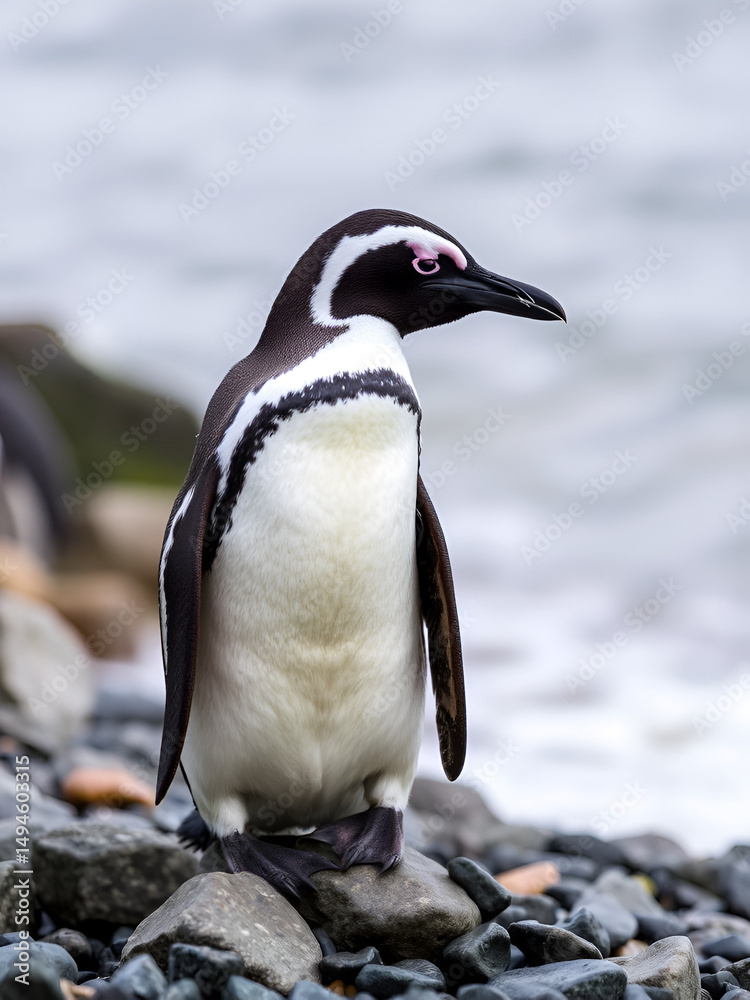 Naklejka premium Humboldt penguin preening its feathers on a rocky beach , bird, humboldt penguin