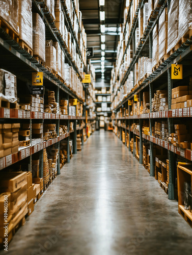 Modern warehouse storage. Abstract vertical image background for Warehouse industrial and logistics companies. Commercial storehouse. 3D perspective distribution warehouse with shelves.