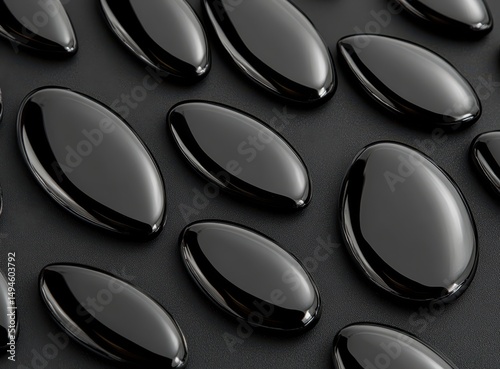 Highly polished, dark oval shapes arranged in offset rows on a matte black background, creating a sleek, minimalist pattern