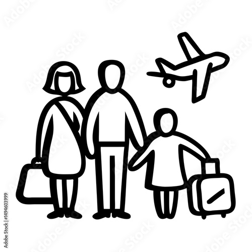 Family traveling together at the airport with luggage and airplane  