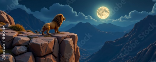 Majestic Lion on Mountaintop at Night Under Full Moon