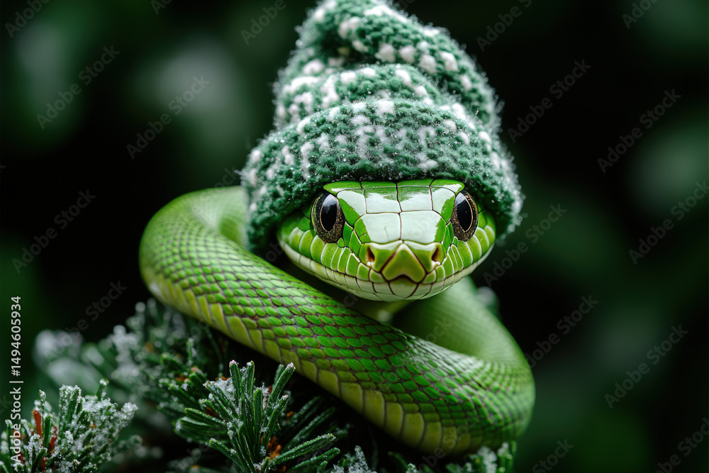 Fototapeta premium Green snake wearing a knitted hat