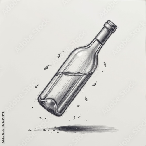 Grayscale Sketch of a Falling Wine Bottle