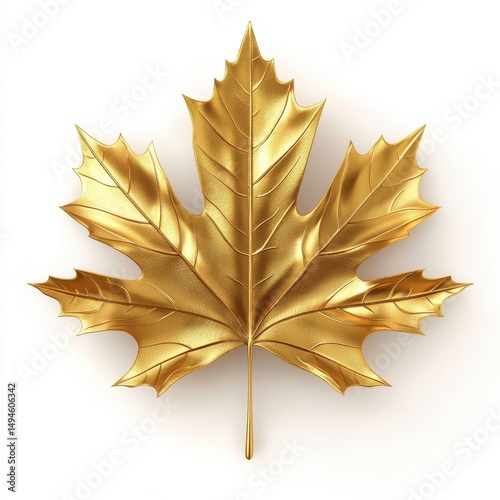 A highly-detailed, golden maple leaf with a smooth, reflective surface, isolated on a white background