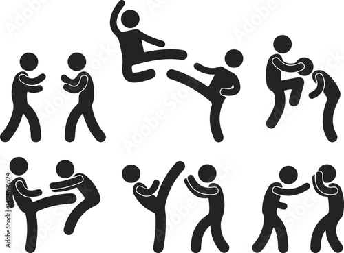 Stick figure martial arts icons in combat poses black vector illustration for fighting self defense training and sport designs
