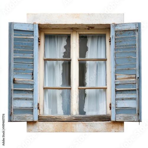 Weathered blue shutters flank a vintage, multi-paned window with sheer curtains, set within a worn stone frame