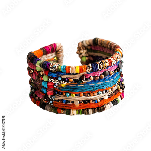Bohemian Woven Bracelet with Free-Spirited Multicolored Beads Isolated on Transparent Background