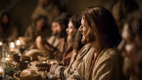 smiling Jesus Christ at he last supper dinner with other apostles his friend , cheerful happy atmosphere 