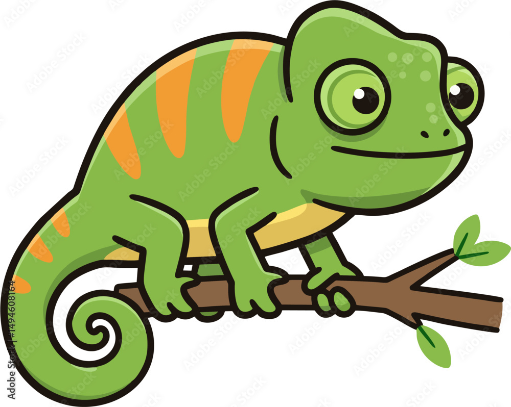 Fototapeta premium Cute Vector Chameleon Cartoon on Tree Branch with Green and Orange Colors – Flat Animal Illustration for Kids