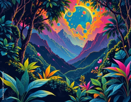 Surreal Pixel Art Tropical Landscape Vibrant Sunset over Lush Jungle Mountains and Celestial Moon