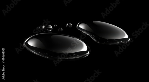 Two obsidian-like droplets, glossy, rounded, resting on a pitch-black background, accompanied by smaller, scattered droplets