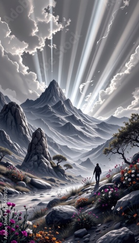 Person Hiking Towards Majestic Grey Mountain at Sunrise with Dramatic Light Rays