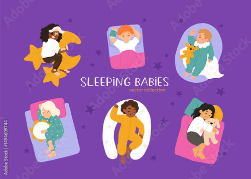 Sleeping babies set. Calm kids asleep, lying and dreaming at night. Cute little boys and girls, sweet children relaxing on pillows. Flat cartoon vector illustrations isolated on white background