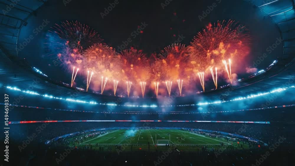 Spectacular fireworks display over a full sports arena at night celebration