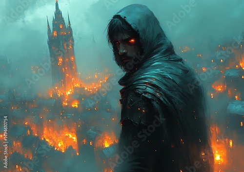 Fiery cityscape, hooded figure photo