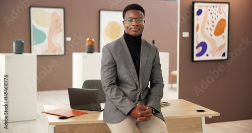 Fotografie Man, worker and portrait of curator at art museum as exhibition coordinator with ambition for creative career