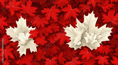 Two off-white maple leaves contrast against a dense background of vibrant red maple leaves