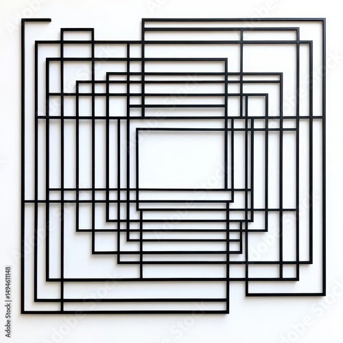A black metal wall sculpture featuring nested, slightly offset squares creating a receding, layered effect against a white background