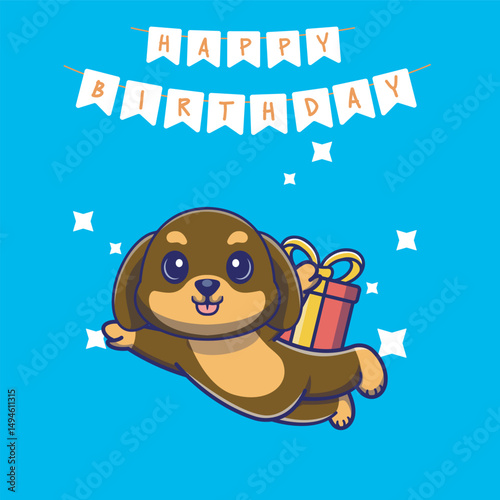 Delightful illustration of a Flying cute dog with a giftbox perfect for adding a touch of whimsy and joy to your design.suitable for various projects,from birtday card