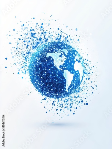 Abstract globe dissolving into blue particles on a white background