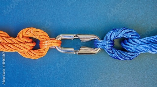 Connection Teamwork Unity Colorful Ropes and Metal Link