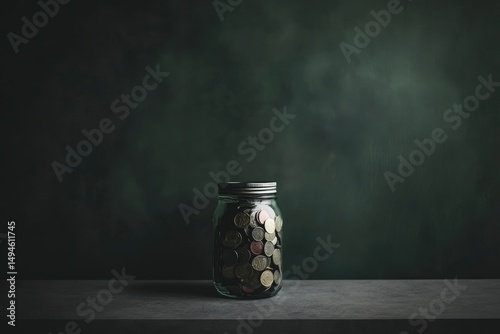 glass jar with coins on dark green background. financial planning, save and investment concept.