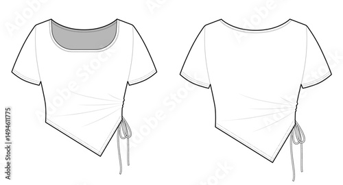 Women's Asymmetrical Square Neck Ruched T-shirt - Front and Back View- Fashion Vector Illustration- CAD Mock-up 