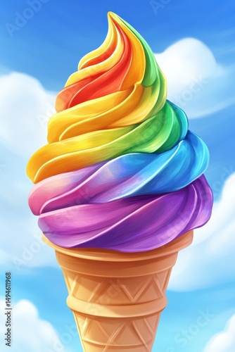 A vibrant rainbow swirl soft-serve ice cream cone against a sunny sky